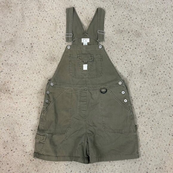 Y2K Vintage Olive Green Denim Overall Shorts Carpenter Baggy Size Large Women's - Picture 1 of 4